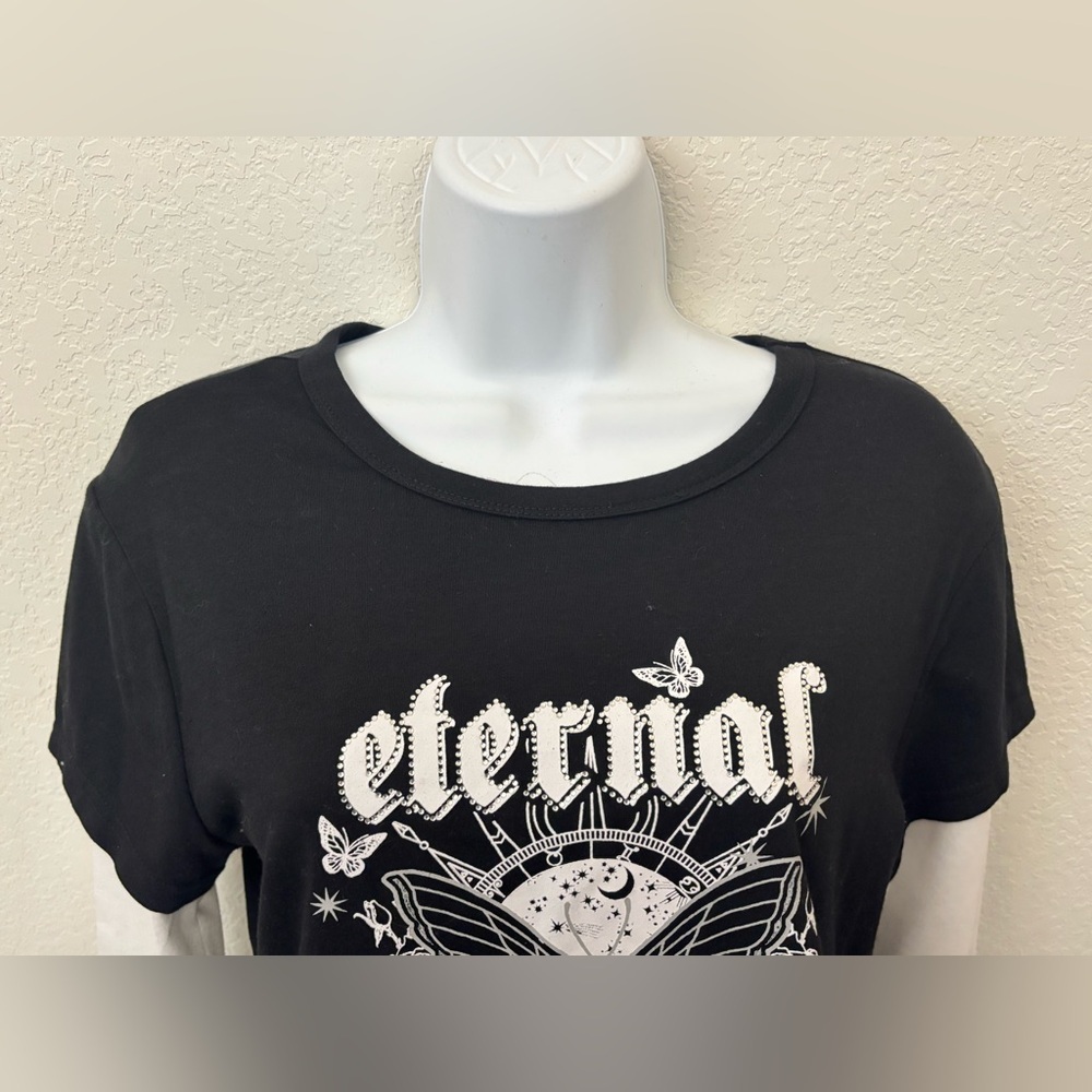 Cult Favorite Long Sleeve Top Twofer Womens XL Eternal Balance Bead Jewel Emo​ - Picture 2 of 6